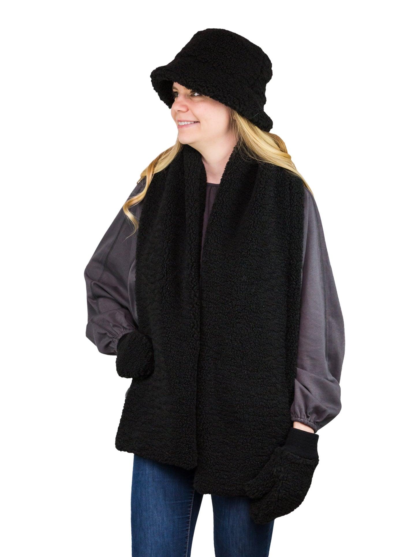 Women'S Faux Shearling Winter Scarf, Black